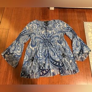 Inc y2k sheer babydoll top blue paisley bell sleeve flowy medium